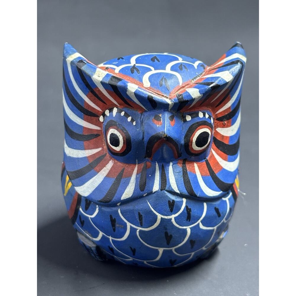 Owl from the Brooklyn museum gallery , carved, hand painted, blue, 2.5 inches